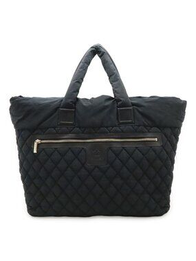 Chanel Coco Cocoon Tote TGM Large Shoulder Bag CC Logo Nylon Leather Black